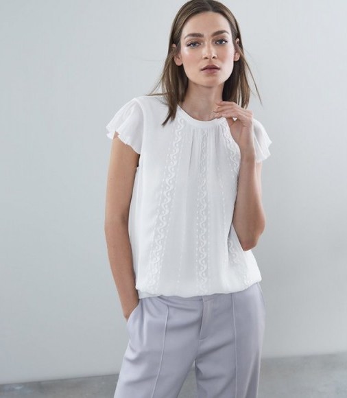 REISS ALLY EMBROIDERY DETAIL TOP ~ short flutter sleeves - flipped