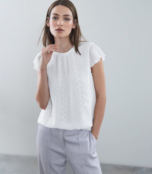 REISS ALLY EMBROIDERY DETAIL TOP ~ short flutter sleeves