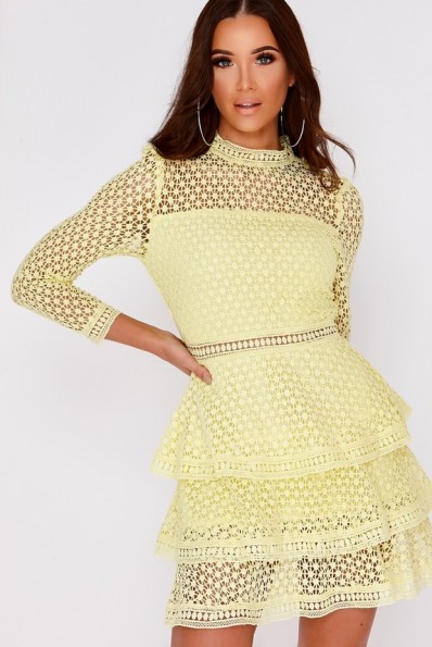 IN THE STYLE AMYA LEMON CROCHET LACE LAYERED DRESS – pale yellow tiered dresses