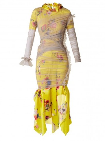 PREEN BY THORNTON BREGAZZI Ariel floral and block-print satin-devoré dress ~ yellow and grey tulle overlay frock - flipped
