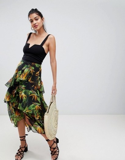 ASOS DESIGN asymmetric ruffle high low midi skirt in bird print – tiered summer skirts - flipped