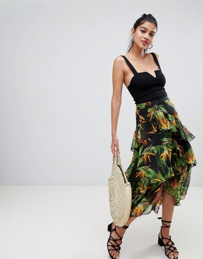 ASOS DESIGN asymmetric ruffle high low midi skirt in bird print – tiered summer skirts