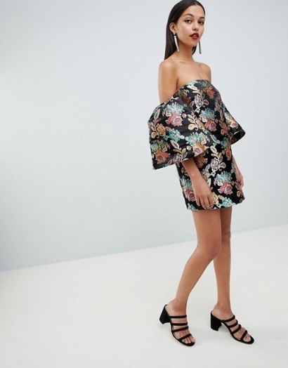 ASOS DESIGN bardot structured mini dress in floral jacquard | wide statement sleeves - flipped