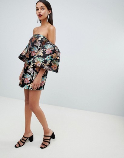 ASOS DESIGN bardot structured mini dress in floral jacquard | wide statement sleeves