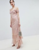ASOS DESIGN cami dobby bardot ruffle fishtail maxi dress in nude | long vintage style party frock