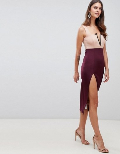 ASOS DESIGN colour block gold v bone thigh high midi dress pink/purple – colourblock party dresses - flipped
