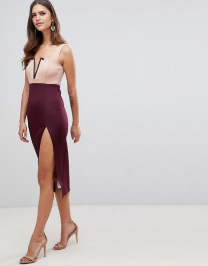 ASOS DESIGN colour block gold v bone thigh high midi dress pink/purple – colourblock party dresses