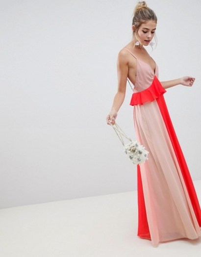 ASOS DESIGN colourblock cami strap maxi dress with ruffle waist in Nude/Coral | plunging neckline - flipped