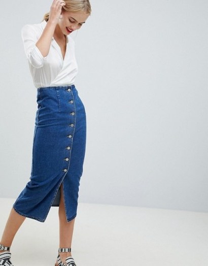 ASOS DESIGN denim midi skirt with buttons in midwash blue | bodycon fit skirts - flipped
