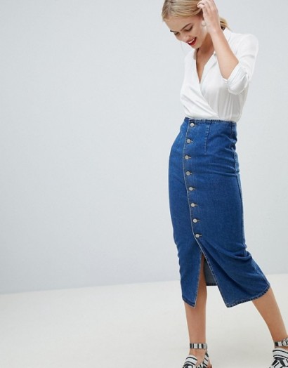 ASOS DESIGN denim midi skirt with buttons in midwash blue | bodycon fit skirts