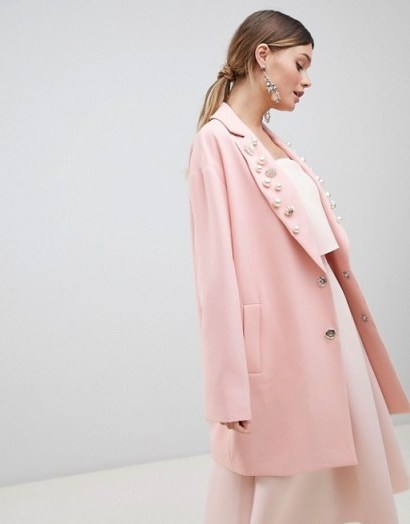 ASOS DESIGN Embellished Collar Coat in Pink | faux-pearl lapels - flipped