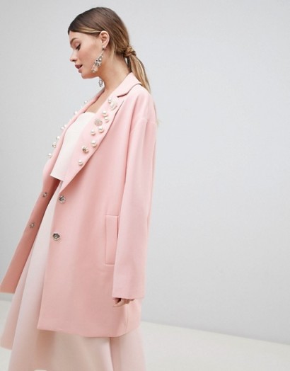 ASOS DESIGN Embellished Collar Coat in Pink | faux-pearl lapels