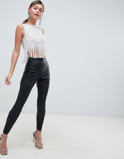 ASOS DESIGN embellished crop shell top with fringe detail in silver – party fashion