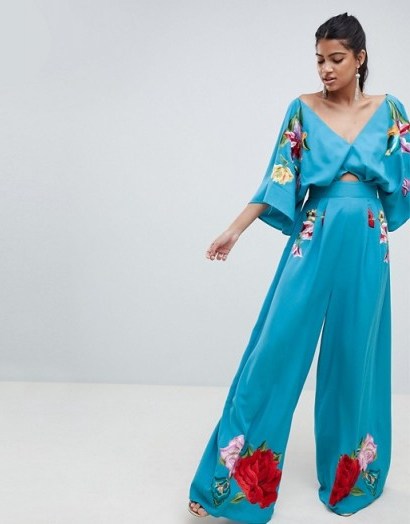 ASOS DESIGN Embroidered Kimono Jumpsuit in Aqua | oriental inspired - flipped