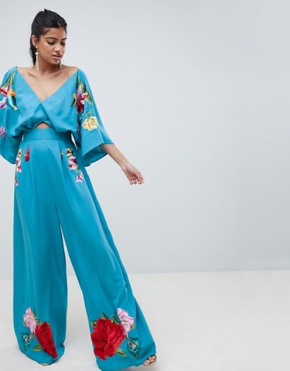ASOS DESIGN Embroidered Kimono Jumpsuit in Aqua | oriental inspired