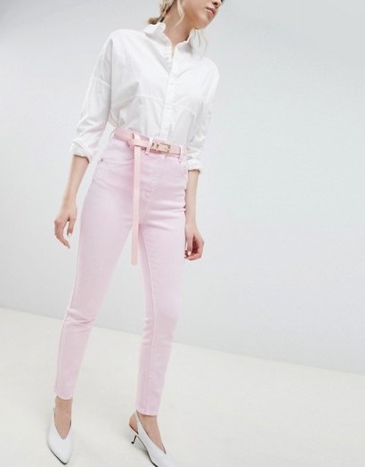 ASOS DESIGN Farleigh high waist mom jeans in washed pink with belt | blush denim - flipped