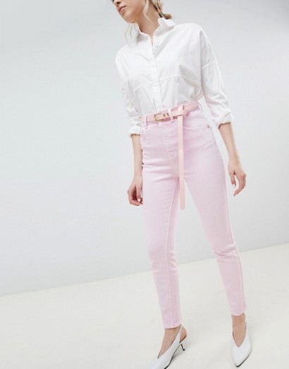 ASOS DESIGN Farleigh high waist mom jeans in washed pink with belt | blush denim