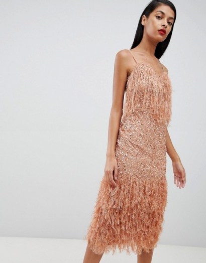 ASOS DESIGN Feather Trim Sequin Midi Dress in mink – glamorous thin strap party dresses - flipped