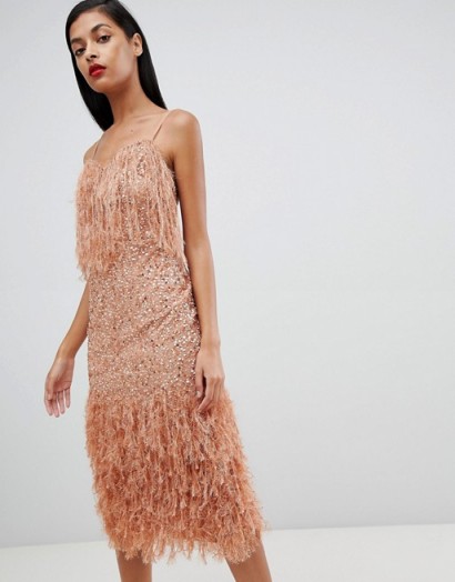 ASOS DESIGN Feather Trim Sequin Midi Dress in mink – glamorous thin strap party dresses