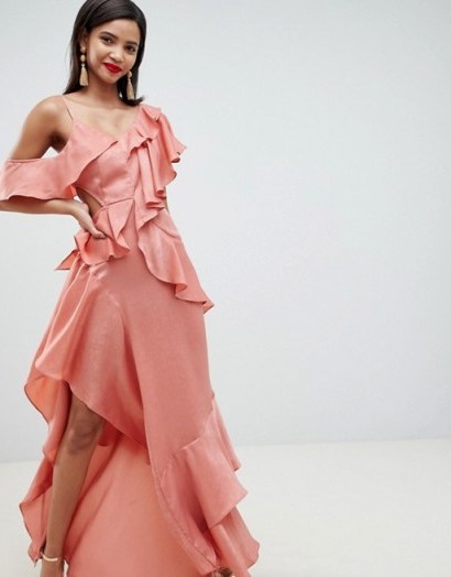 ASOS DESIGN floaty satin ruffle maxi dress in Dusty Rose | asymmetric party fashion - flipped