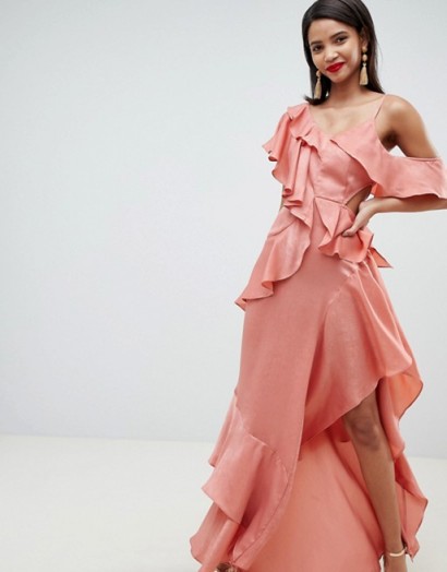 ASOS DESIGN floaty satin ruffle maxi dress in Dusty Rose | asymmetric party fashion