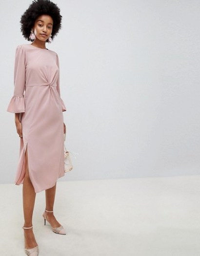 ASOS DESIGN fluted sleeve midi dress with knot front in nude – occasion wear – wedding guest look - flipped