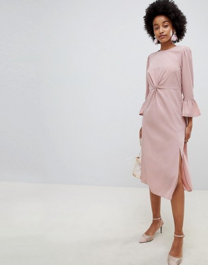 ASOS DESIGN fluted sleeve midi dress with knot front in nude – occasion wear – wedding guest look