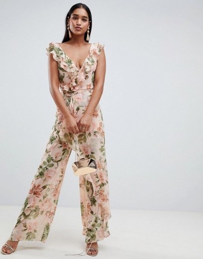 ASOS DESIGN jumpsuit in crinkle chiffon with ruffle detail and floral print | summer event look - flipped