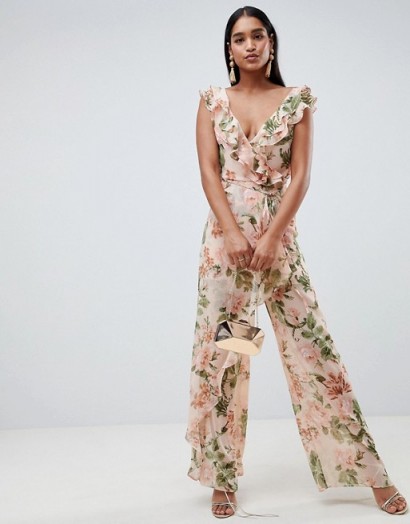 ASOS DESIGN jumpsuit in crinkle chiffon with ruffle detail and floral print | summer event look