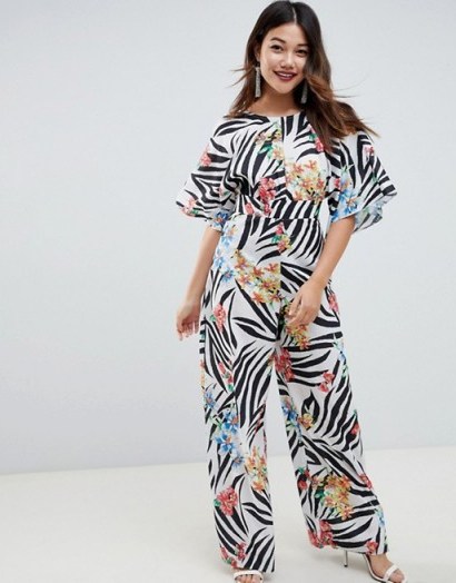 ASOS DESIGN jumpsuit with kimono cape detail and wide leg in animal floral print / wide sleeve design - flipped