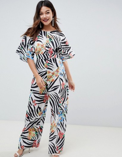 ASOS DESIGN jumpsuit with kimono cape detail and wide leg in animal floral print / wide sleeve design