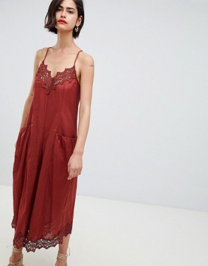 ASOS DESIGN jumpsuit with lace trims and oversized pocket detail in rust | strappy summer fashion - flipped