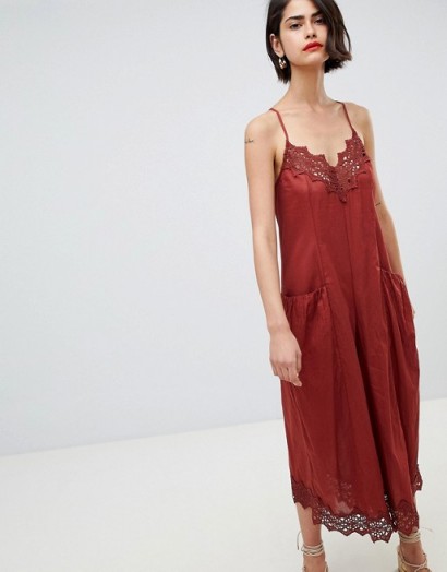 ASOS DESIGN jumpsuit with lace trims and oversized pocket detail in rust | strappy summer fashion