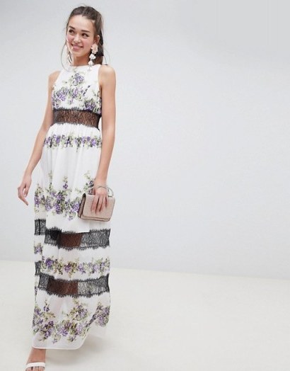 ASOS DESIGN Lace Panel Maxi Dress In Vintage Floral in Pansy print | long party fashion - flipped