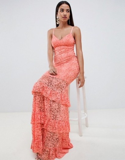 ASOS DESIGN lace tiered maxi dress in coral – long glamorous eveningwear - flipped