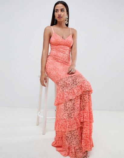 ASOS DESIGN lace tiered maxi dress in coral – long glamorous eveningwear