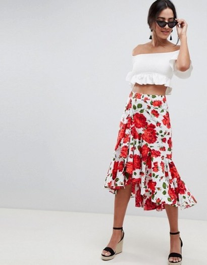 ASOS DESIGN midi skirt with wrap detail in rose print / red flower prints - flipped