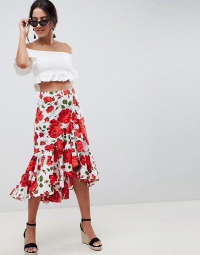 ASOS DESIGN midi skirt with wrap detail in rose print / red flower prints