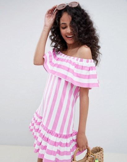 ASOS DESIGN Off Shoulder Sundress With Ruffle Hem In Deckchair Stripe – pink summer bardot - flipped