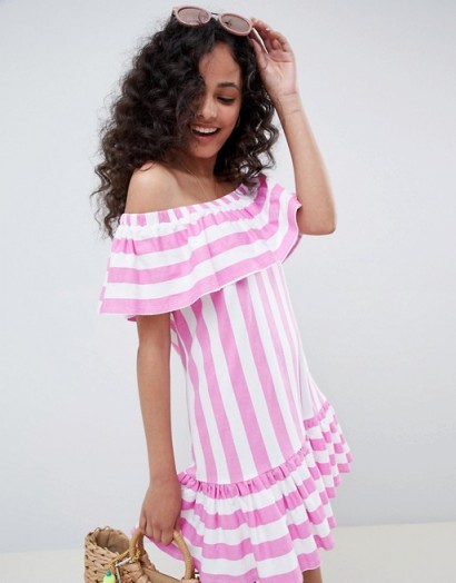 ASOS DESIGN Off Shoulder Sundress With Ruffle Hem In Deckchair Stripe – pink summer bardot
