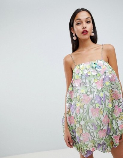 ASOS DESIGN organza print puffball dress with 3D embellished flowers in floral | strappy party fashion - flipped