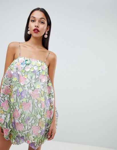 ASOS DESIGN organza print puffball dress with 3D embellished flowers in floral | strappy party fashion