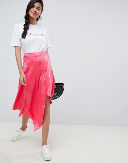 ASOS DESIGN pink snake jacquard midi skirt with asymmetric hem | animal print fashion