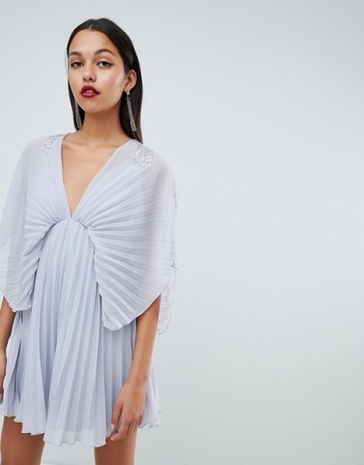ASOS DESIGN pleated kimono mini dress with cluster embellished shoulders in Blue | oriental inspired fashion