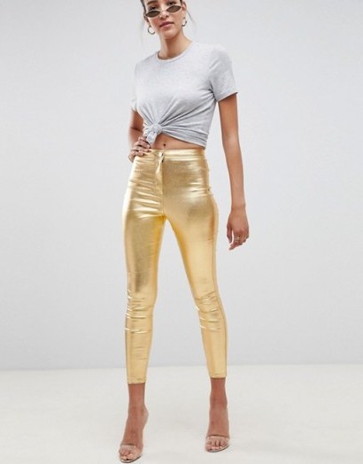 ASOS DESIGN Rivington high waisted jeans in gold | metallic jeggings - flipped