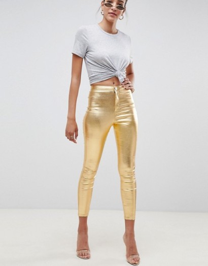 ASOS DESIGN Rivington high waisted jeans in gold | metallic jeggings