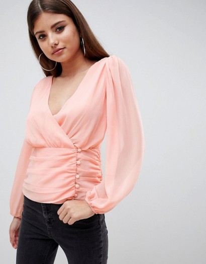 ASOS DESIGN ruched waist blouson top in Peach | pretty plunge front gathered blouse