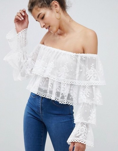 ASOS DESIGN ruffle bardot top with lace in white – off the shoulder summer style - flipped
