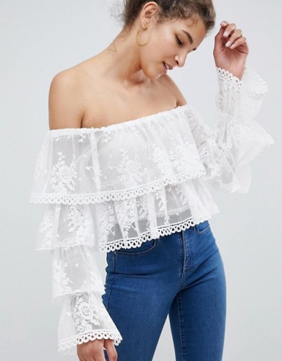 ASOS DESIGN ruffle bardot top with lace in white – off the shoulder summer style