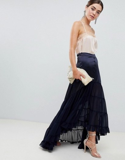 ASOS DESIGN satin mix tiered hem maxi skirt in navy | blue party fashion - flipped